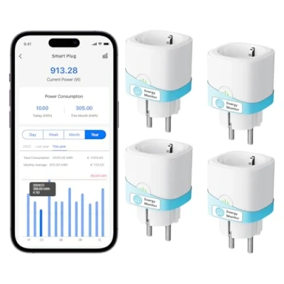 Obrázek Meross Chytrá Wi Fi zásuvka s měřením proudu 16 A, spínací hodiny, hlasovým ovládáním, dálkový přístup, Smart Home WiFi kompatibilní Alexa, Google Home, SmartThings, 4 ks