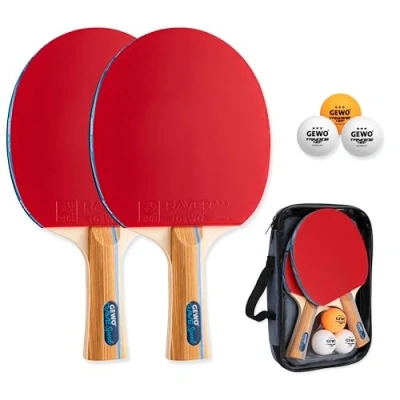 Obrázek GEWO Rave Speed sada pálek na stolní tenis kontrolovaná pálka pro začátečníky se 3 míčky kompletní raketa s obložením ITTF, vysoká kontrola a rychlost, konkávní, 2 mm silná houba