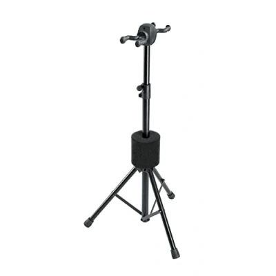 Obrázek K&amp;M 17620 E+A stojan na kytaru, dvojitý černý, závěsný systém pro 2 kytary rozměr sestavení, průměr 76 cm, z oceli