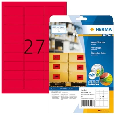 Obrázek HERMA 5045 barevné etikety neonově červené, 20 listů, 63,5 x 29,6 mm, 27 na arch A4, 540 kusů, samolepicí, potisknutelné, matné, prázdné papírové neonové etikety, nálepky