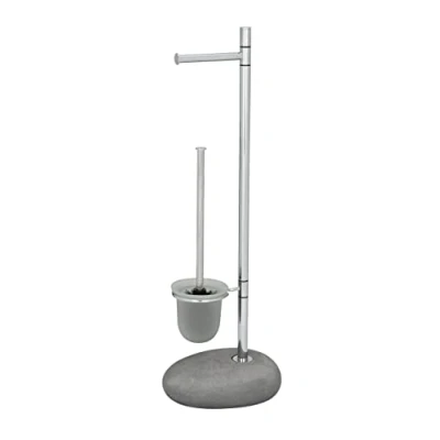 Obrázek WENKO Otevřená WC souprava Pebble Stone s integrovaným držákem toaletního papíru, vzhled přírodního kamene, vč. štětky vyměnitelnou hlavou štětky, kvalitní umělý kámen, 23,5 x 70 19 cm, šedá