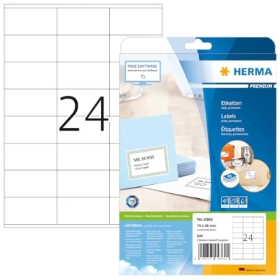 Obrázek HERMA 4360 adresních štítků, 25 listů, 70 x 36 mm, 24 na arch A4, 600 kusů, samolepicí, potisknutelné, matné, prázdné papírové nálepky adresu, bílé