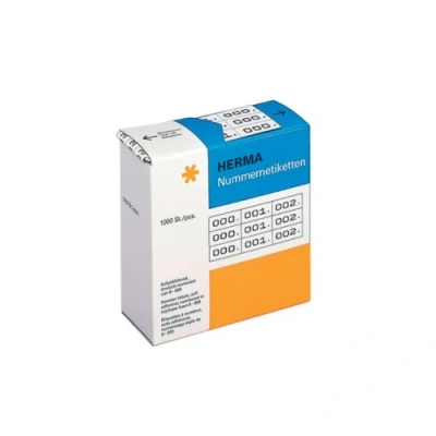 Obrázek HERMA 4800 číselné etikety číslice 0 999, trojnásobné, 3000 kusů, 22 x 10 mm, samolepicí, matné, 3násobný průběžný papír čísla zařízení v dávkovacím boxu, bílá