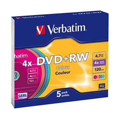 Obrázek Verbatim DVD+RW 4x Colours 4. 7GB, balení po 5 kusech Slim Case, DVD polotovary popisovatelné, 4násobná rychlost hoření &amp; Hardcoat Scratch Guard, prázdné, prázdné přepisovatelné
