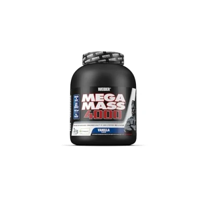Obrázek WEIDER Mega Mass 4000 Weight Gainer Shake na hubnutí, vanilka, s proteiny, kreapure kreatin monohydrát, komplexní sacharidy, vitamíny a minerály růst svalů koktejl 3 kg