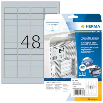 Obrázek HERMA 4221 Typový štítek Fóliové etikety stříbrné, 25 listů, 45,7 x 21,2 mm, 48 na arch A4, 1200 kusů, samolepicí, potisknutelné, odolné proti povětrnostním vlivům, prázdné samolepicí štítky Samolepky