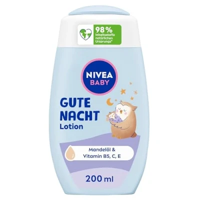 Obrázek NIVEA tělové mléko Baby Good Night Lotion, pečuje o jemnou pokožku s mandlovým olejem, vitamínem E, C a B5, veganské kojenecké hypoalergenní recepturou bez parabenů mikroplastů