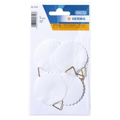 Obrázek HERMA 5749 závěs na obraz k nalepení bílý velký, 6 kusů, Ø 45 mm, samolepicí, drátěné lano zavěšení obrazu bez vrtání stěnu, silný papír drát obrazové rámy do 1200 g