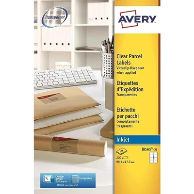 Obrázek Avery J8565 25 Adresní štítky (8 štítků na Folio, 99,1 X 67,7 mm) 200 kusů Průhledná