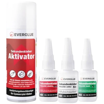 Obrázek Everglue Úsporná sada vteřinového lepidla dlouhá trvanlivost tenké + střední silné à 20 g aktivátor 200 ml Průmyslové lepidlo extra pro univerzální opravy a v hobby zaměstnání