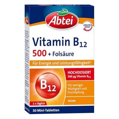 Obrázek Abtei Vitamín B12 plus kyselina listová pro energii a účinnost vysoká dávka s 500 µg vitamínu 200 kyseliny listové, 1 x 30 tablet