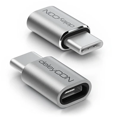 Obrázek deleyCON 2 kusy USB C adaptér z hliníku Micro zdířka na konektor k nabíjení a synchronizaci pro Apple Samsung Google Huawei Xiaomi mobilní telefon Smartphone tablet laptop stříbrný
