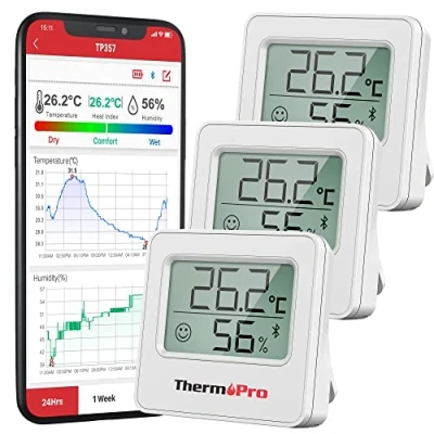 Obrázek ThermoPro TP357 3 80 m Bluetooth vlhkoměr, vnitřní sada ks, digitální pokojový teploměr s aplikací, mini měřič vlhkosti vzduchu indikátorem smajlíku, datová grafika pro interiér, kancelář, vinný