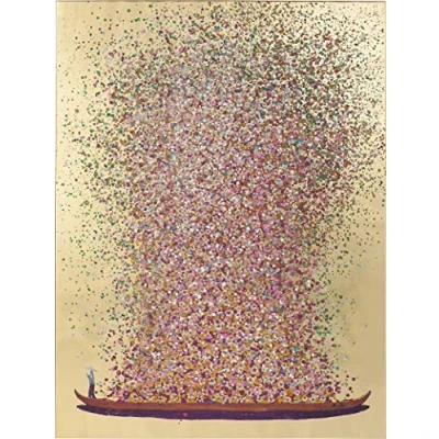 Obrázek Kare Design Picture Touched Flower Boat Gold Pink, 100x80cm, plátno XL na nosítkách, dekorace stěnu s lodí a květinami, zlato růžová (VxŠ) 100x80cm