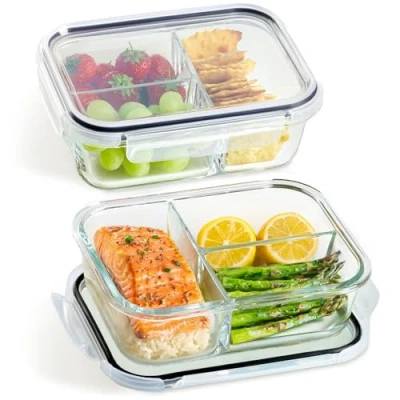 Obrázek Praknu skleněné dózy Meal Prep 3 přihrádky sada 2 ks s víkem 1000 ml vzduchotěsné bez BPA vhodné do mrazáku a mikrovlnné trouby