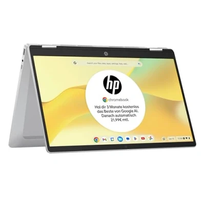 Obrázek HP Chromebook x360, 14&quot; dotyková obrazovka, procesor Intel N100, 4 GB DDR4 RAM, 128 eUFS, UHD Graphics, ChromeOS, QWERTZ, stříbrná barva