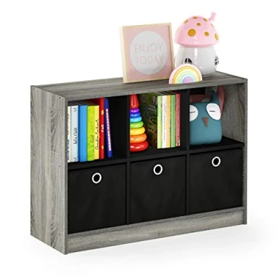 Obrázek Furinno Basic knihovna s 6 přihrádkami a 3 zásuvkami, dřevo, francouzská OakGrey, 30,23 x 80,26 59,94 cm