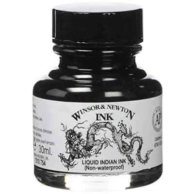 Obrázek Winsor &amp; Newton 1010754 Drawing Inks kreslicí tuš pro kaligrafie, ilustrátory, grafiky, umělce voděodolné barvy, vynikající průhlednost, láhev 30 ml Liquid Indian Ink