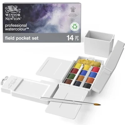Obrázek Winsor &amp; Newton Profesionální akvarelové barvy 0190685, živé vodní v umělecké kvalitě, vysoká zářivost barev a jas, stálobarevná, archivní kvalita Field Pocket Set 12 1/2 pánvičkách