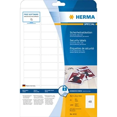 Obrázek HERMA 4232 bezpečnostní etikety proti manipulaci, 25 listů, 45,7 x 21,2 mm, 48 na arch A4, 1200 kusů, samolepicí, potištěné, matné, prázdné lepicí ze speciální fólie, bílé