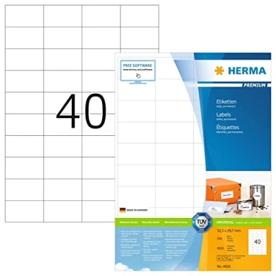 Obrázek HERMA 4610 univerzálních etiket DIN A4 malé (52,5 x 29,7 mm, 200 listů, papír, matný) samolepicí, potiskovatelné, permanentně přilnavé nálepky na adresu, 8 000 lepicích etiket, bílé