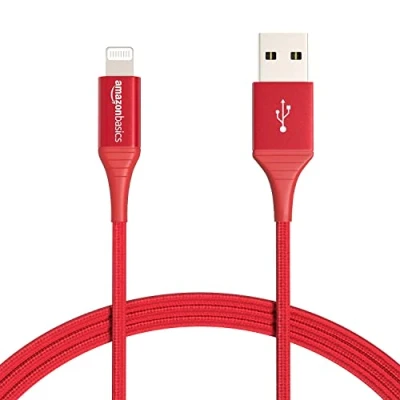 Obrázek Amazon Basics Spojovací kabel USB A na Lightning, opletený nylonem, nabíjecí s certifikací MFi, pro iPhone, červený, 0,9 m
