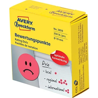 Obrázek AVERY Zweckform 3859 samolepicích lepicích bodů, 250 kusů (negativní hodnotící body na roli v zásobníku, Ø 19 mm, nálepka smutný obličej, nálepky k vyladění, vyhodnocení a označování) červená