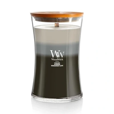 Obrázek Velká WoodWick vonná svíčka ve sklenici s přesýpacími hodinami inovací Pluswick, Warm Woods