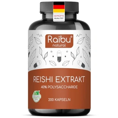 Obrázek Reishi houbový extrakt ve vysokých dávkách 200 kapslí 40 % polysacharidů laboratorně testováno, veganské, prémiová kvalita Raibu
