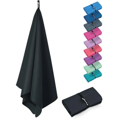 Obrázek Fit Flip Ručníky z mikrovlákna kompaktní a lehké rychleschnoucí ručník jako cestovní ručník, sportovní plážová osuška, velká osuška (1 x 100 50 cm, onyx černá)