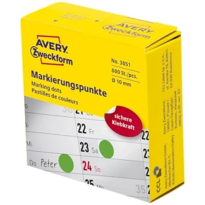 Obrázek AVERY Zweckform 3851 samolepicí označovací body 800 kusů (Ø10 mm, lepicí na roli v dávkovači, puntíkové nálepky pro barevné kódování, kulaté kalendář, plánovač a kutilství), zelené