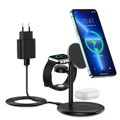Obrázek nabíječka Magsafe 3 v 1, indukční nabíjecí stanice kompatibilní s iPhone 15/14/13/12, bezdrátová pro Apple Watch Ultra/8/7/6/5/4/3/2, AirPods