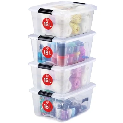 Obrázek Iris Ohyama Aufbewahrungsboxen mit Deckel, 15L, 4er Set, Transparent, Sicherer Verschluss, Stapelbar, Griffe, Schlafzimmer, Schrank, Büro, Organisation, BPA freies Plastik, Ordnungsboxen, NTB 15