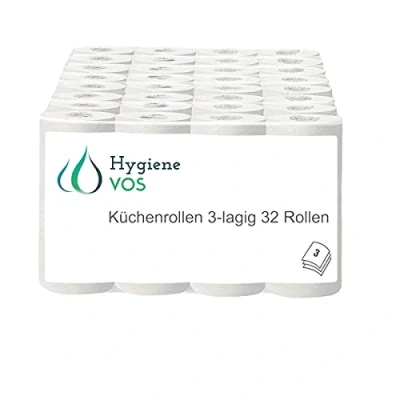 Obrázek Hygiene VOS 32 kuchyňských rolí originální savé ubrousky, kuchyňské utěrky 3vrstvé v obrovském výhodném balení, 8 x 4 role kuchyňský papír (32 50 listů)