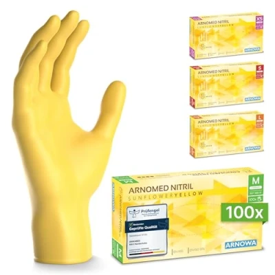 Obrázek ARNOMED jednorázové rukavice žluté 100 ks/box, nitrilové M, rukavice, bez pudru, gumové latexu, k dispozici ve XS, S, M &amp; L