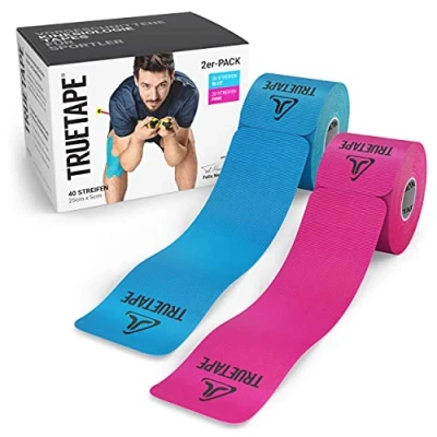 Obrázek TRUETAPE® Kineziová páska pro Precut Duo Pack 2 x 20 předem nařezaných proužků (25 cm 5 cm) vodotěsné a elastické kineziové pásky fyziopáska se silnou přilnavostí sport modrá růžová