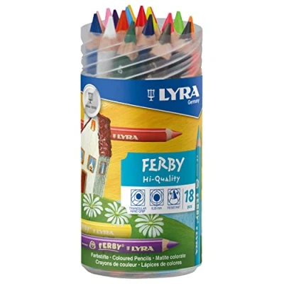 Obrázek LYRA Ferby, pastelky na dřevo, triangulární, Jumbo, lakované, náplň 6,3 mm, plastová dóza, 18 tříděných barev