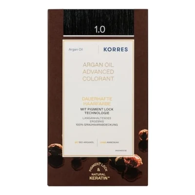 Obrázek KORRES Argan Oil Colorant barva na vlasy bez amoniaku černá 1. 0 100% zakrytí šedin a veganská pro dlouhotrvající barevný výsledek