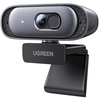 Obrázek UGREEN webkamera 2K 30 FPS Full HD, s duálním mikrofonem, zorné pole 91, pohledová ochrana, automatické zaostřování, automatická korekce světla, stereo zvuk, Plug &amp; Play, PC kamera pro