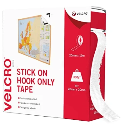 Obrázek Značka Velcro, samolepicí háčkový pásek lze zastřihnout a zkrátit pomocí háčků, samolepicí, perfektní pro dekoraci místnosti domov, kancelář, použití v garážích bílá 20 mm x 10 m
