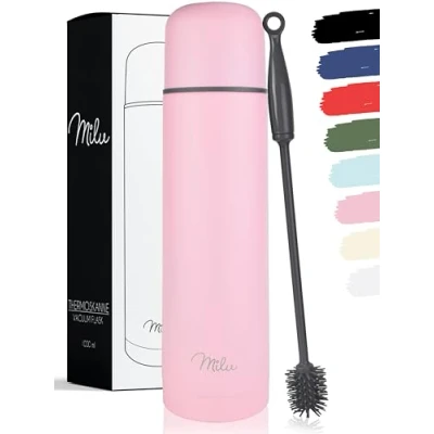 Obrázek Milu Termoláhev, termoska, izolační láhev 1 l, 750 ml, 500 ml izolovaná na pití z ušlechtilé oceli, 100% zabezpečená proti vytečení, izolace dvojité stěny (růžová, ml)