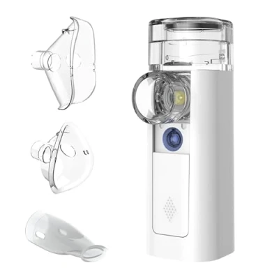 Obrázek mini Air 360+ distribuovaný společností OMRON přenosný, tichý inhalátor pro dospělé a děti vč. dvou masek + náustku zmírnění kašle nachlazení nabíjení přes micro USB