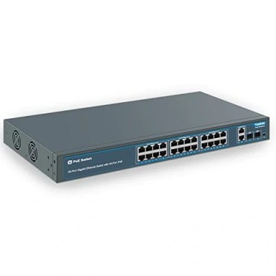 Obrázek YuanLey 28portový gigabitový přepínač PoE s 24 porty PoE+ při 400 W, 2 gigabitové propojovací porty, SFP, robustní kov pro montáž na desktop/rack, AI Watchdog, VLAN, Plug and Play, nespravovaný