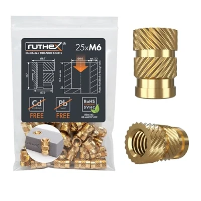 Obrázek ruthex závitová vložka M6 25 kusů RX M6x12. 7 pouzdra z mosazi stabilní přítlačná matice pro plastové díly díky teplu nebo ultrazvuku použitelné v 3D tlakových dílech plastu