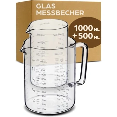 Obrázek Skleněná odměrka s výlevkou 1 l a 500 ml tepelně odolná vhodná do mikrovlnné trouby přesná stupnice ideální pro pečení, vaření míchání (1000 + ml)
