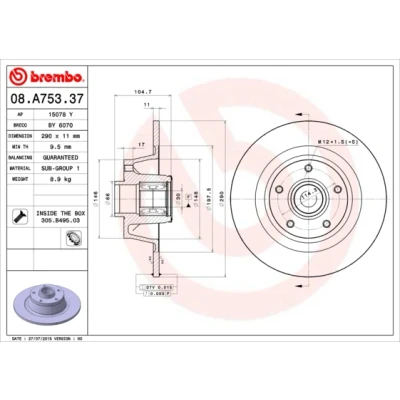 Obrázek Brzdový kotouč Bearing Disc Line Brembo 08.a753.37
