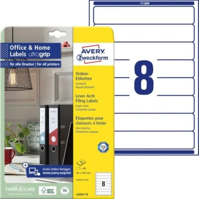 Obrázek AVERY Zweckform L6060 10 etikety na hřbety pořadačů (80 štítků hřbetu s ultra gripem, 34 x 192 mm A4, úzké/krátké, samolepicí, absolutně neprůhledné, potištěné pořadače) listů,