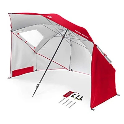 Obrázek Sport Brella Slunečník Umbrella na pláž a zahradu, robustní, ochrana před sluncem, deštěm větrem, s taškou, červená, 136 cm