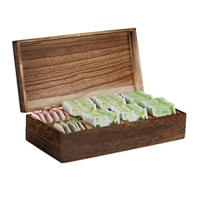Obrázek Relaxdays Vintage čajový box, 8 přihrádek, na 80 čajových sáčků, s víkem, ochrana aroma, dřevěná krabice čaj v x š h: 8,5 30,5 15,5 cm, hnědá, cm