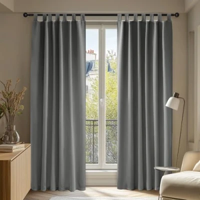 Obrázek Deconovo Neprůhledné závěsy zatemňovací záclony s poutky, tloušťka termozáclony, ochrana proti chladu, horku, 260 x 140 cm (výška, šířka), světle šedá, sada 2 ks